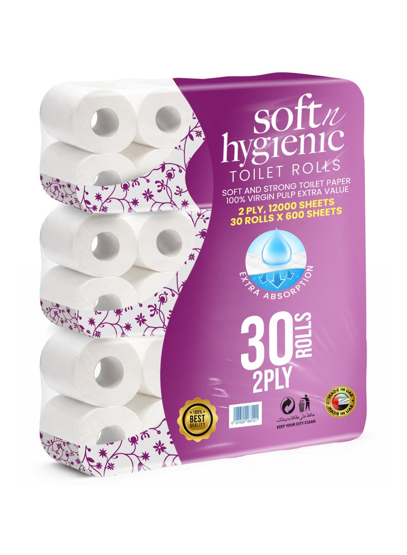 SNH Packing Soft N Hygienic Toilet Paper Tissue Roll Pack of 30, Embossed, 400 Sheets x 2 Ply - Image 1