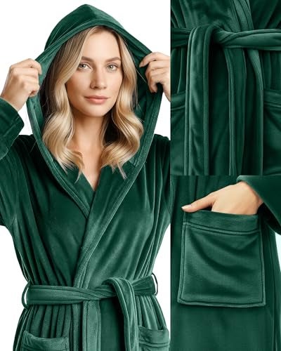 NY Threads Premium Womens Robe with Hood, Plush Fleece Long Bath Robe for Women, Fluffy Soft Women's Bathrobe, Medium, Green - Image 3