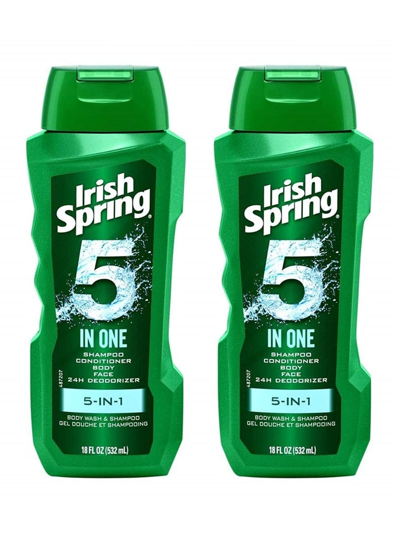 Irish Spring شامبو إيريش سبرينغ 5 في 1، بلسم، غسول للجسم، غسول للوجه ومزيل رائحة العرق، 18 أونصة (عبوة من 2)  - Image 1