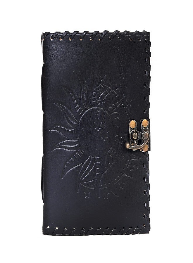 CREATIVE LEATHER ART مفكرة جلدية مصنوعة يدويًا بنقوش الشمس والقمر - دفتر يوميات عتيق بقفل، مزود بورق رسم، قابل لإعادة التعبئة، مناسب للرجال والنساء - Image 2
