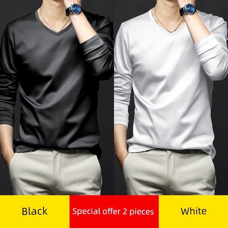 High-end modal long-sleeved t-shirt men's V-neck solid white inner wear New  base shirt autumn clothes small shirt thin style - Image 3