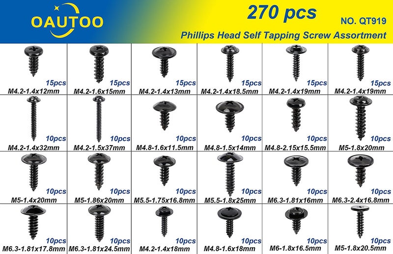 OAUTOO 270pcs Automotive Body Screw Phillips Head Self Tapping Screw Washer Head Screws Assortment Kit #8#10#12#14 - Image 3