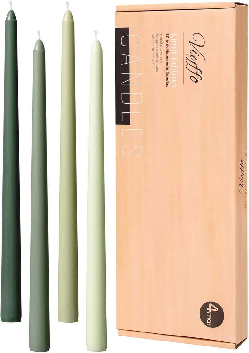 Viyffo 12 Inch Green Taper Candles Set of 4 Unscented Smokeless Long Tall Tapered Candles for Candlesticks Sticks Wedding Home Decor Dinner - Image 1