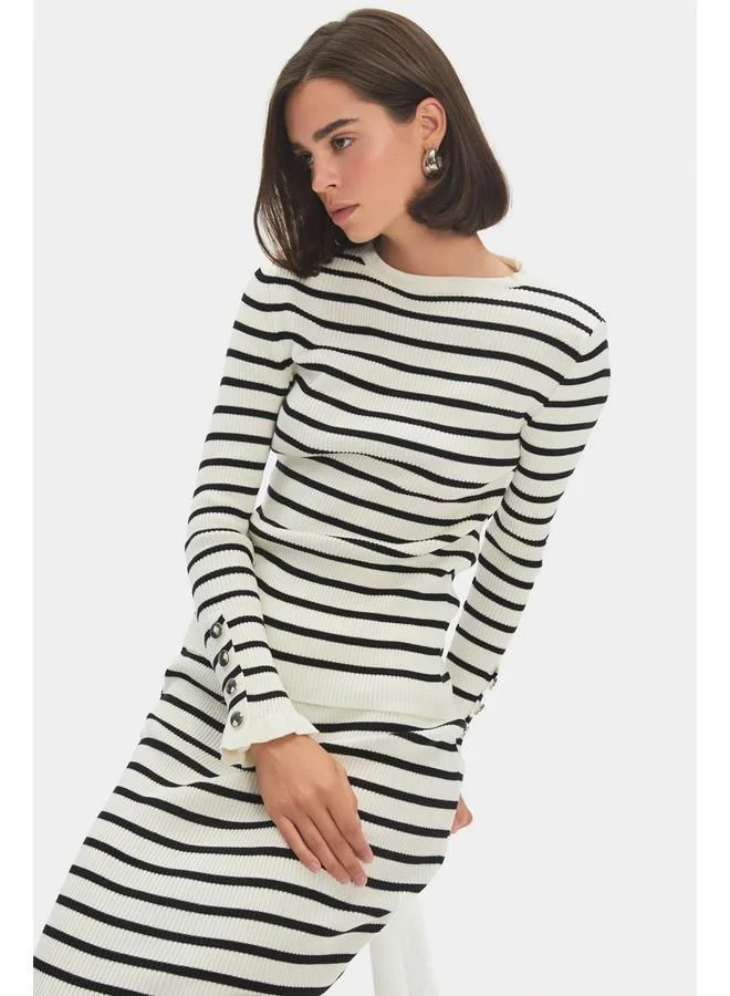 JUNE June Women Striped Knitwear Sweater Skirt Set with Buttoned Sleeves White