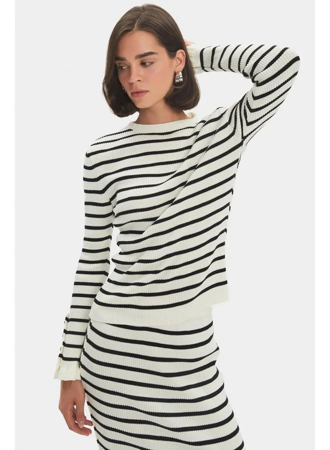 JUNE June Women Striped Knitwear Sweater Skirt Set with Buttoned Sleeves White
