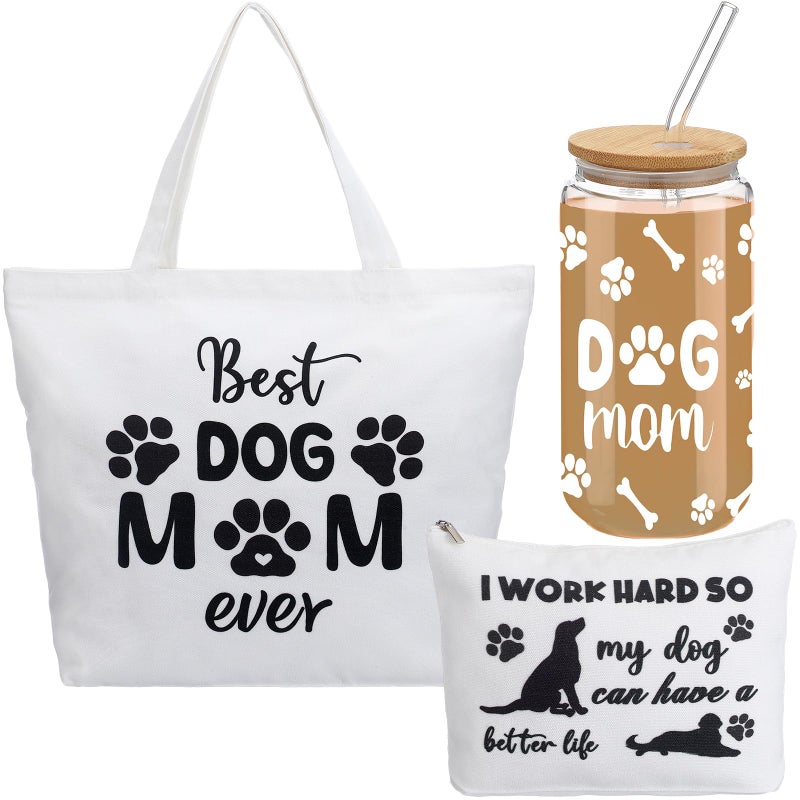 Reginary 3 Pcs Dog Mom Pink Bow Canvas Tote Bags Set for Women Large Tote Bag Makeup and 16 oz Water Glasses with Lid Straw Cute Funny Gift for Women FriendDog Mom