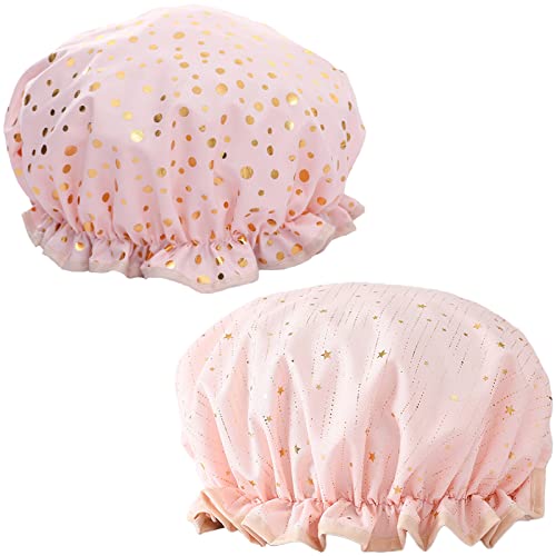Qeuly 2 Pack Waterproof Shower Cap, Reusable Shower Cap for Women, Elastic Bathing Shower Hat Double Layers Bathing Hair Cap PEVA Lined Shower Hair Bath Cap (Pink Dots / Star) - Image 1