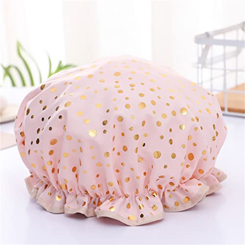 Qeuly 2 Pack Waterproof Shower Cap, Reusable Shower Cap for Women, Elastic Bathing Shower Hat Double Layers Bathing Hair Cap PEVA Lined Shower Hair Bath Cap (Pink Dots / Star) - Image 4
