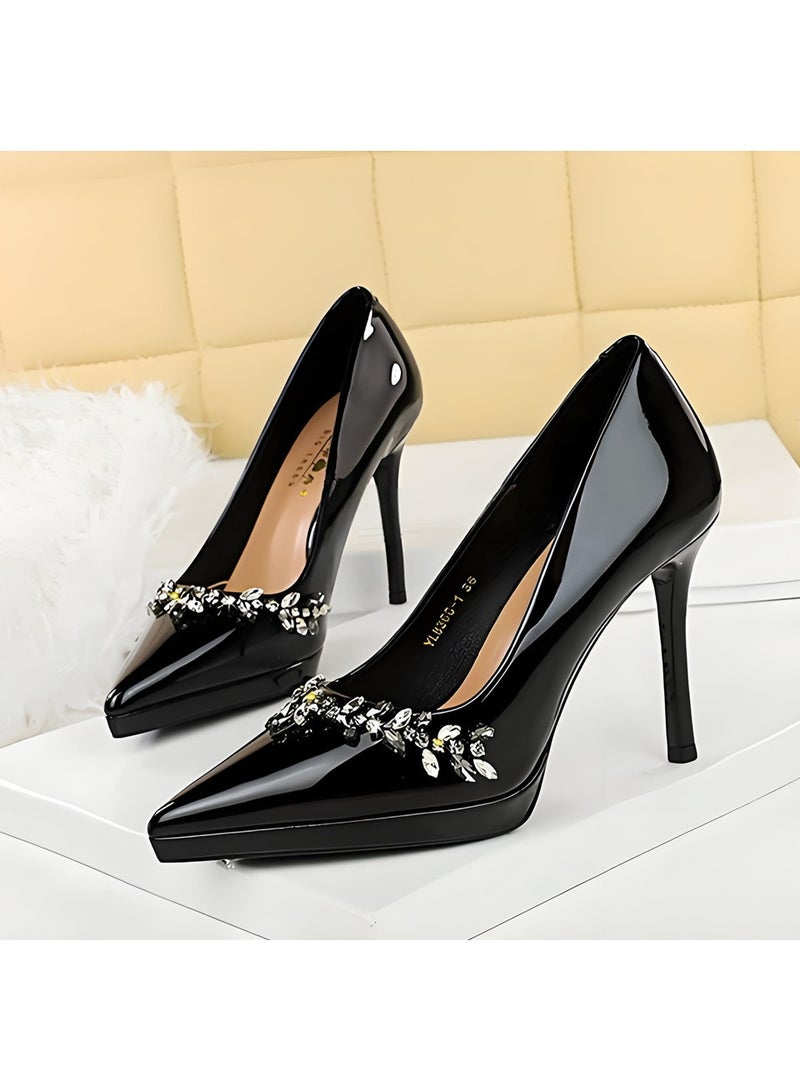 بيج تري النساء الراينست مغلقة إصبع القدم عالية الكعب مضخات مع منصة أسود 10.5CM - Image 1