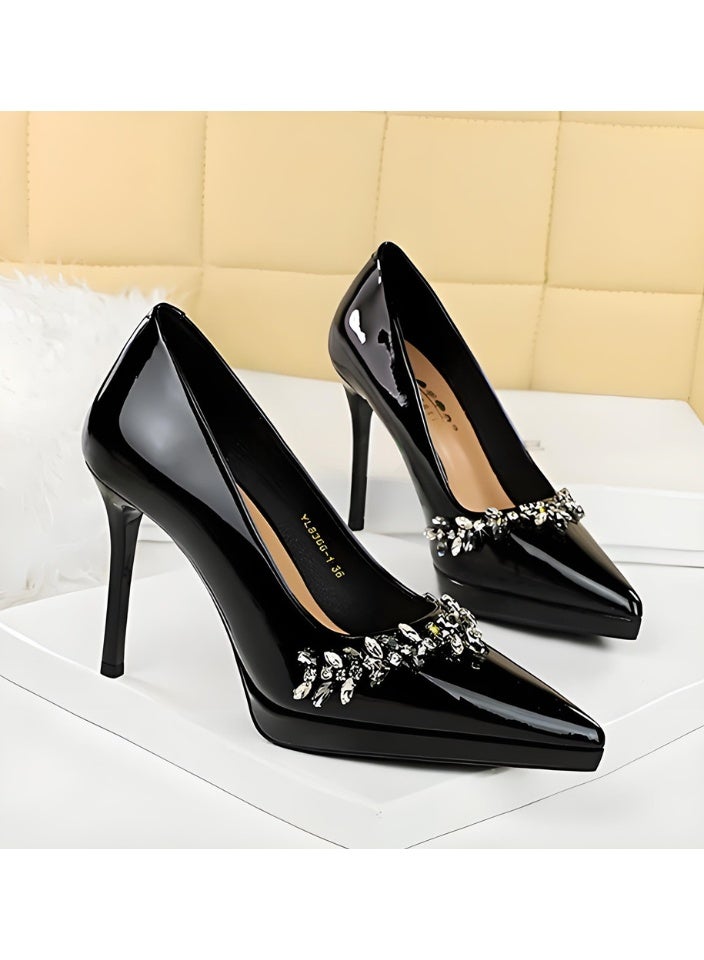 بيج تري النساء الراينست مغلقة إصبع القدم عالية الكعب مضخات مع منصة أسود 10.5CM - Image 2