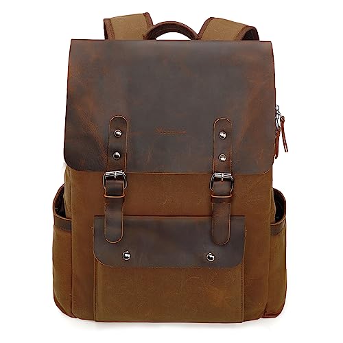 Modoker Waxed Canvas Backpack Leather Rucksack Knapsack for Men Woman Vintage Travel Laptop Backpack 156 Inch Satchel Backpack Retro Flap Backpacks Canvas Casual Bookbag Brown