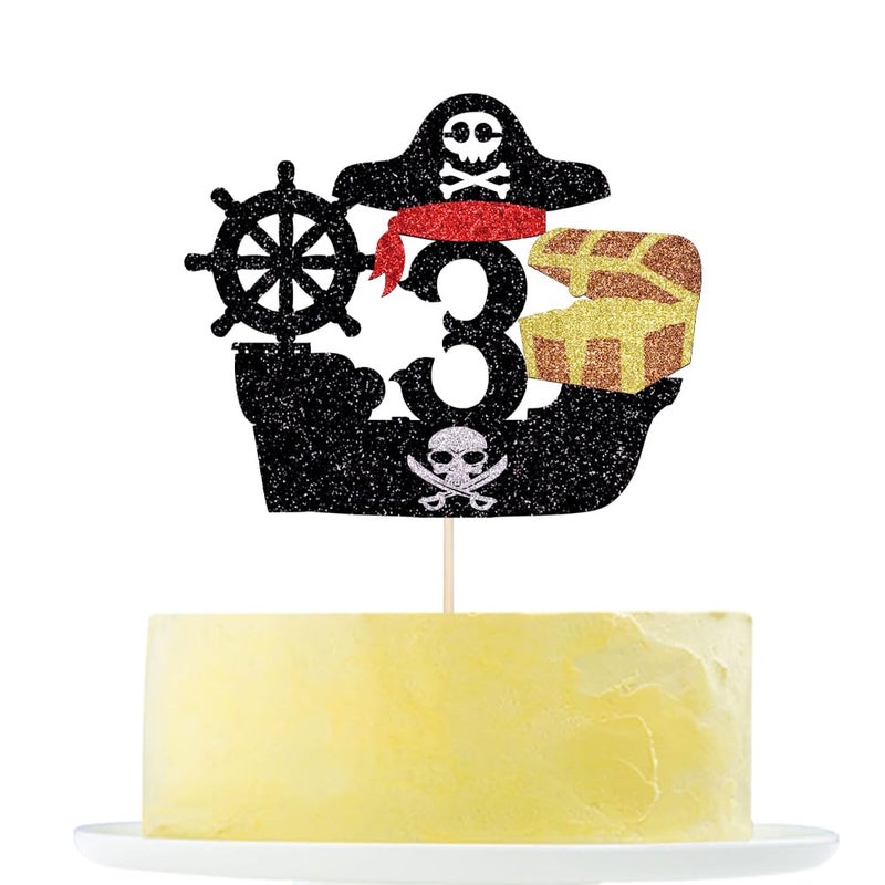 Yetxel Pirate Happy 3rd Birthday Cake Topper  Nautical Sailing Pirate Ship 3rd Birthday  Pirate Themed Kids Birthday Party Decorations Boys girls Happy 3rd birthday cake Topper 3 years old party decorations - Image 1