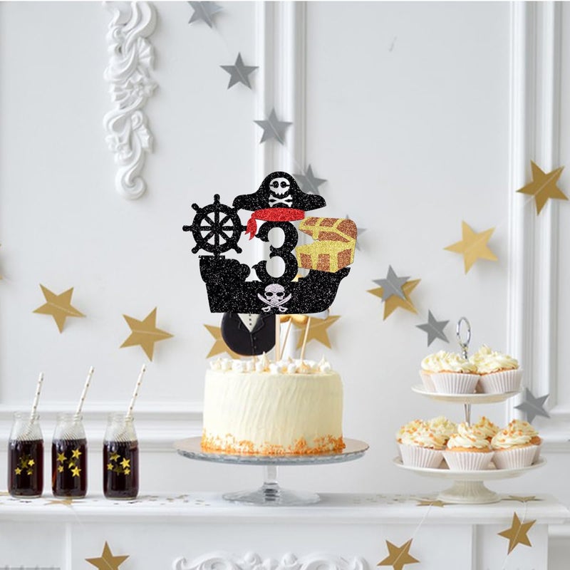 Yetxel Pirate Happy 3rd Birthday Cake Topper  Nautical Sailing Pirate Ship 3rd Birthday  Pirate Themed Kids Birthday Party Decorations Boys girls Happy 3rd birthday cake Topper 3 years old party decorations - Image 2
