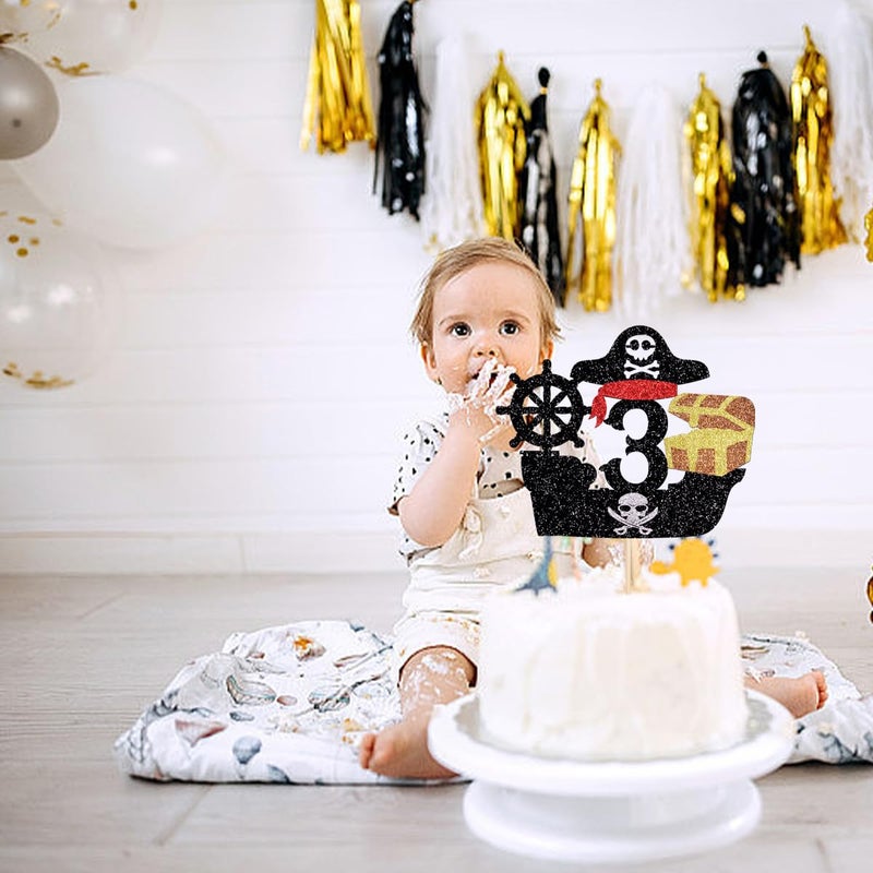 Yetxel Pirate Happy 3rd Birthday Cake Topper  Nautical Sailing Pirate Ship 3rd Birthday  Pirate Themed Kids Birthday Party Decorations Boys girls Happy 3rd birthday cake Topper 3 years old party decorations - Image 5