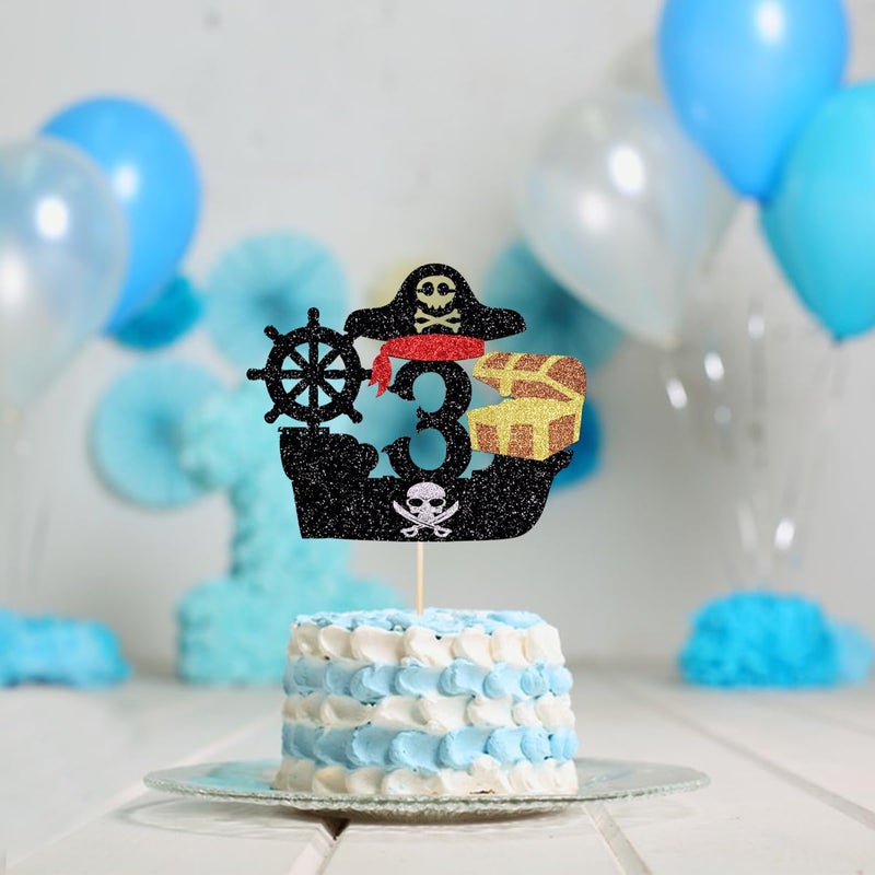 Yetxel Pirate Happy 3rd Birthday Cake Topper  Nautical Sailing Pirate Ship 3rd Birthday  Pirate Themed Kids Birthday Party Decorations Boys girls Happy 3rd birthday cake Topper 3 years old party decorations - Image 4