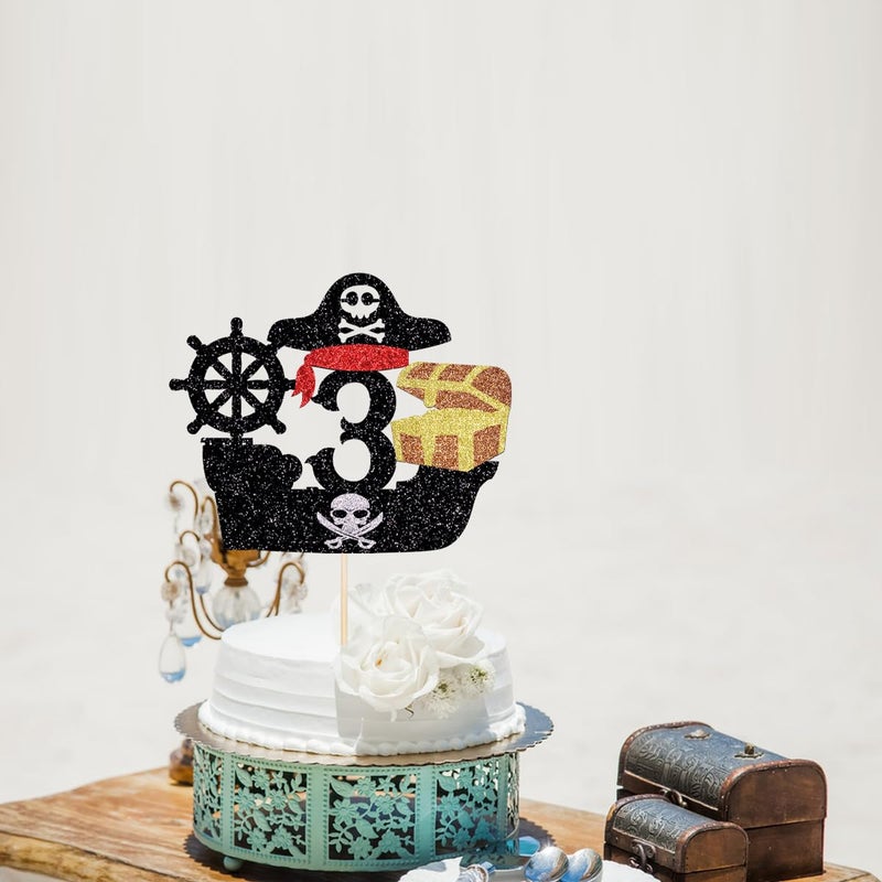 Yetxel Pirate Happy 3rd Birthday Cake Topper  Nautical Sailing Pirate Ship 3rd Birthday  Pirate Themed Kids Birthday Party Decorations Boys girls Happy 3rd birthday cake Topper 3 years old party decorations - Image 3