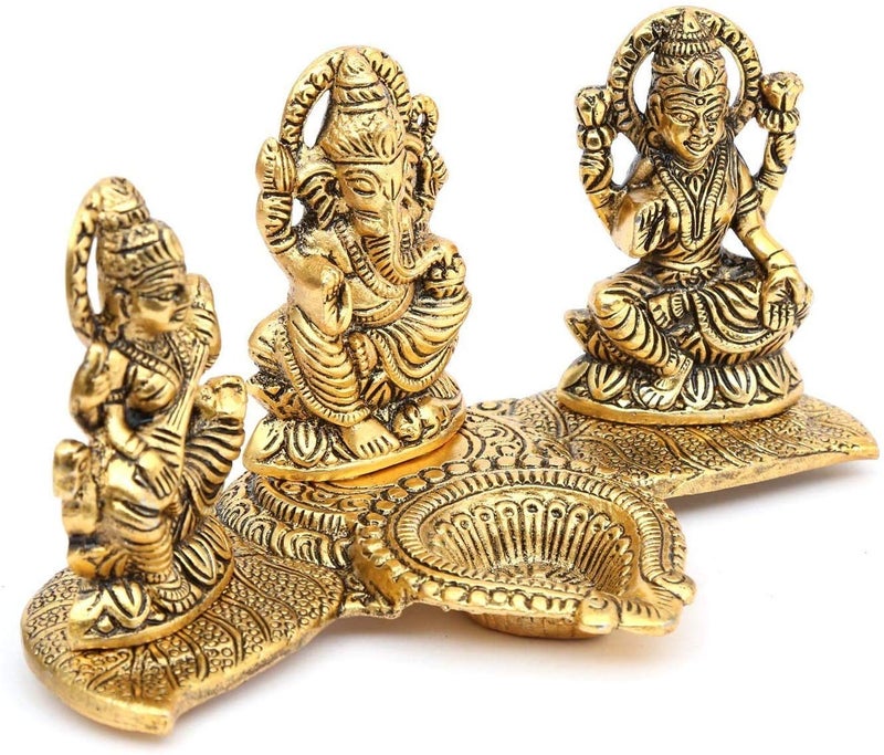 KridayKraft Laxmi Saraswati Idol Action Decorative Platter with Diya and Agarbatti Stand Diwali GiftMetalStandard1 Piece - Image 3