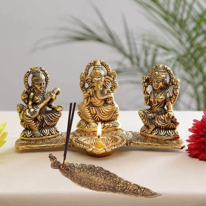 KridayKraft Laxmi Saraswati Idol Action Decorative Platter with Diya and Agarbatti Stand Diwali GiftMetalStandard1 Piece - Image 1