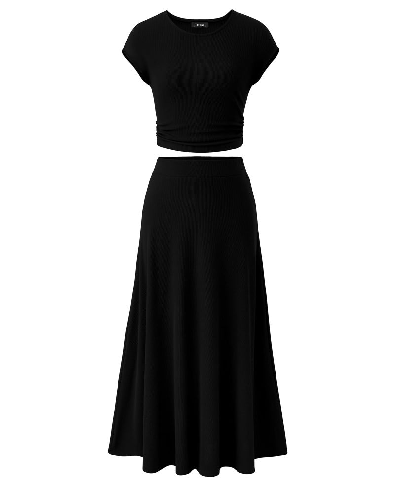BTFBM Women Two Piece Skirt Set Summer 2025 Casual Vacation Crew Neck Short Sleeve Cropped Top Elastic Waist Midi Skirts(Black, Medium) - Image 1