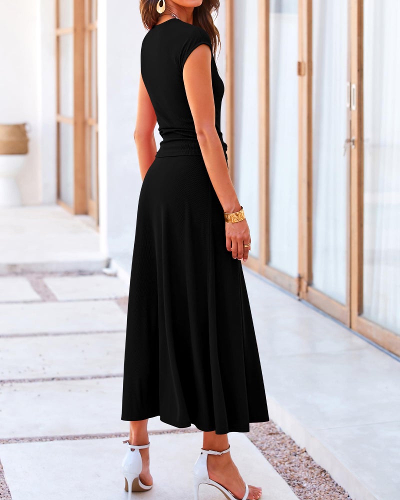 BTFBM Women Two Piece Skirt Set Summer 2025 Casual Vacation Crew Neck Short Sleeve Cropped Top Elastic Waist Midi Skirts(Black, Medium) - Image 3