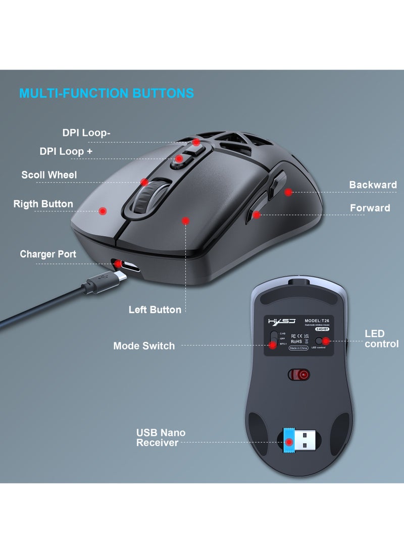 HXSJ - HXSJ New T26 Dual-Mode Wireless Mouse RGB Backlight 4800dpi built-in 650mAh rechargeable battery BT5.1 - Image 1