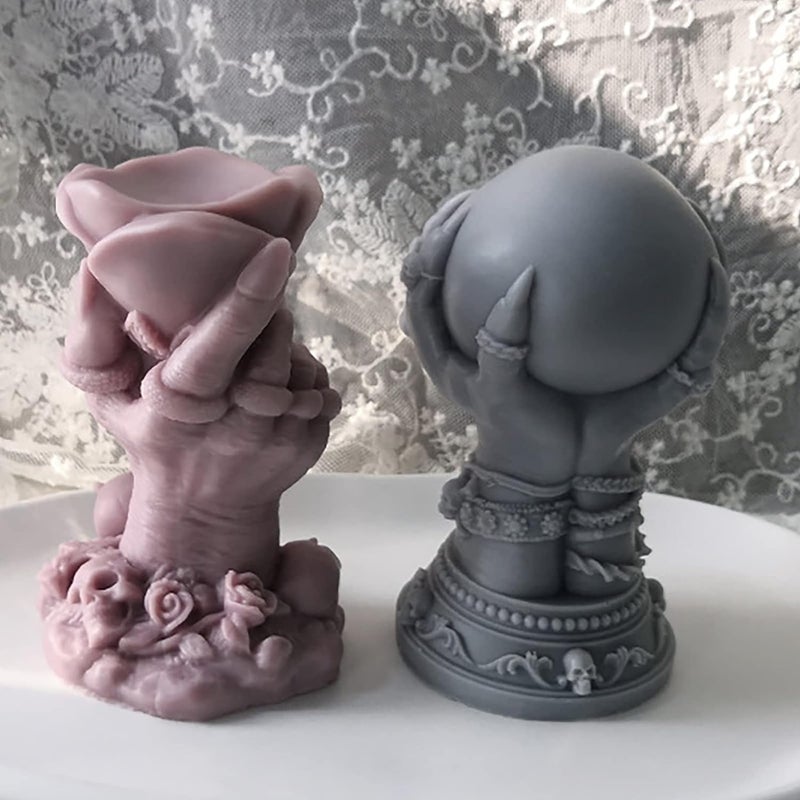 RKG ENTERPRISES 2 Pack Skull Rose Candle Mold Hand Crystal Ball Mold Ghost Mold 3D Skull Candle Mold Silicone Mold for Resin Candle Mold Clay Mold Handmade Candle Mold Body Soap Mold Ghost Mold Candle Making Mold