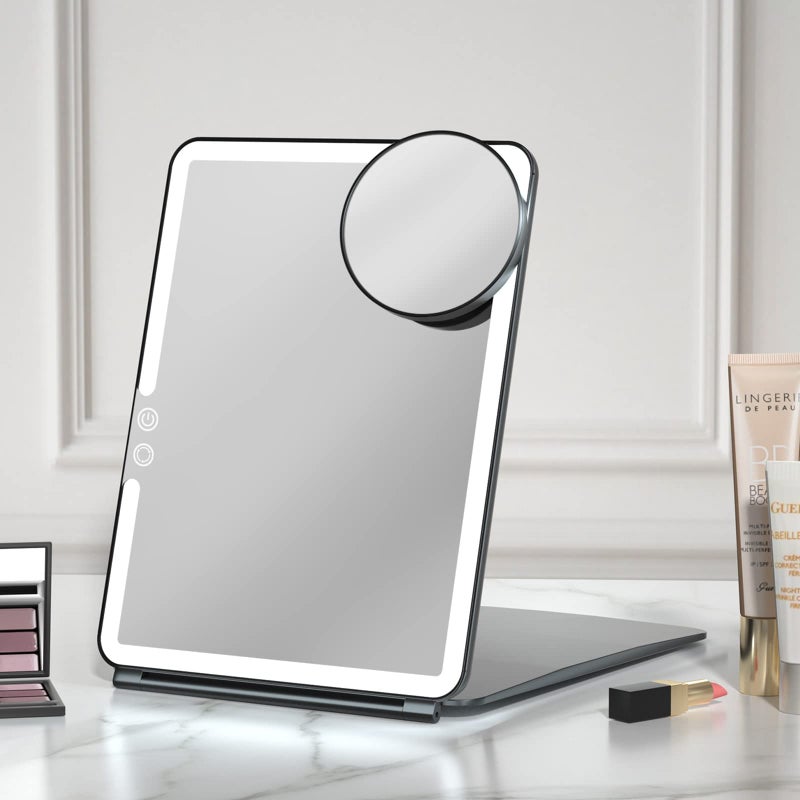 FUNTOUCH 10x75 Portable Large Travel Makeup Mirror with Light 1800mAh Rechargeable Lighted Travel Makeup Mirrors with 3 Color Lights Dimmable Folding Light Up Make up Mirror with Small 10x Mirror