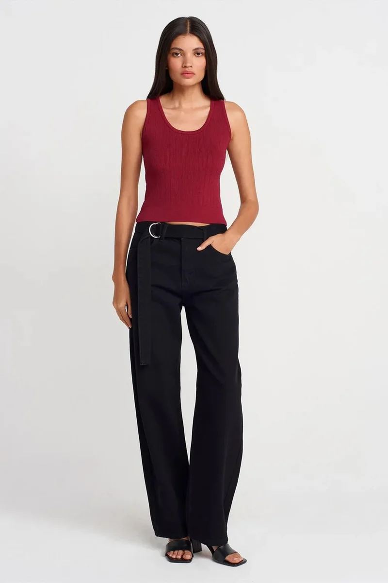 Dilvin Burgundy Red DILVIN Ribbed Sleeveless Slim-fit Blouse for Women | Best Price UAE