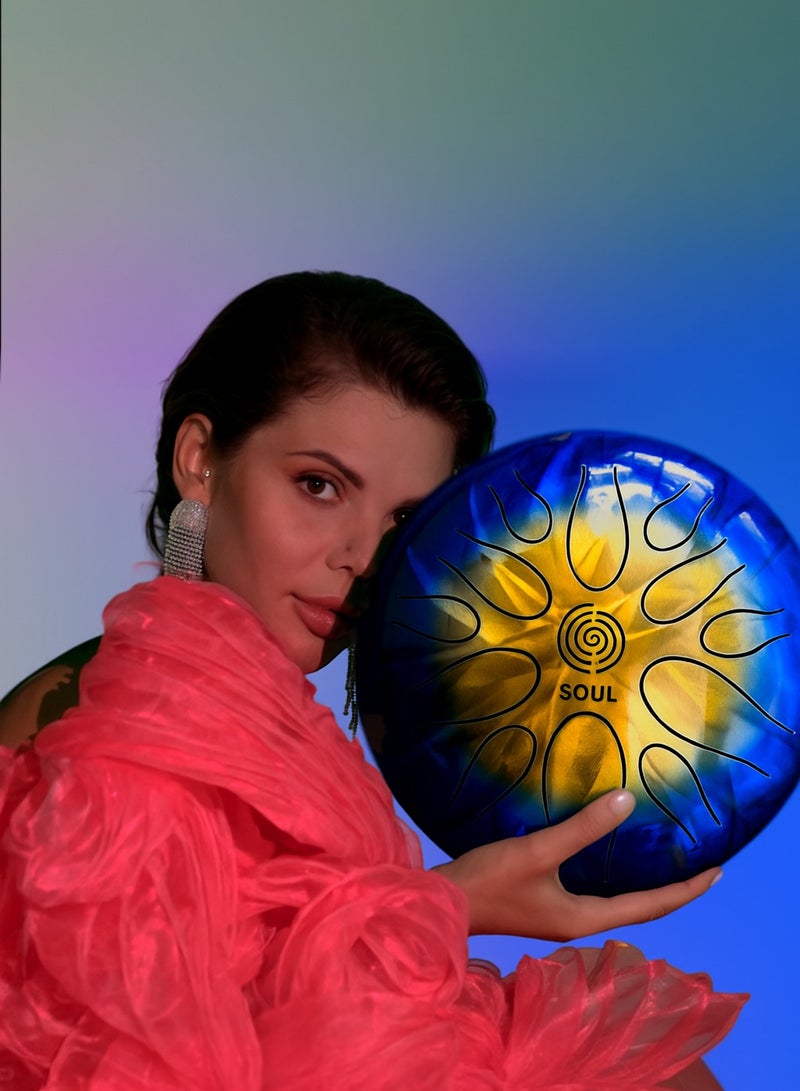 Generic Happy Drum SOUL "SVETI" Yellow/Blue – 12 Notes Handpan, 28cm, 432Hz Tuning, Handmade Steel Tongue Drum with Bag & Sticks  - Image 3