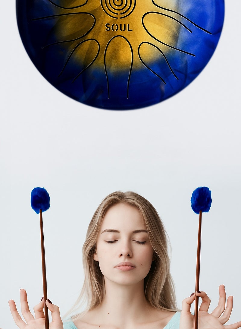 Generic Happy Drum SOUL "SVETI" Yellow/Blue – 12 Notes Handpan, 28cm, 432Hz Tuning, Handmade Steel Tongue Drum with Bag & Sticks  - Image 4