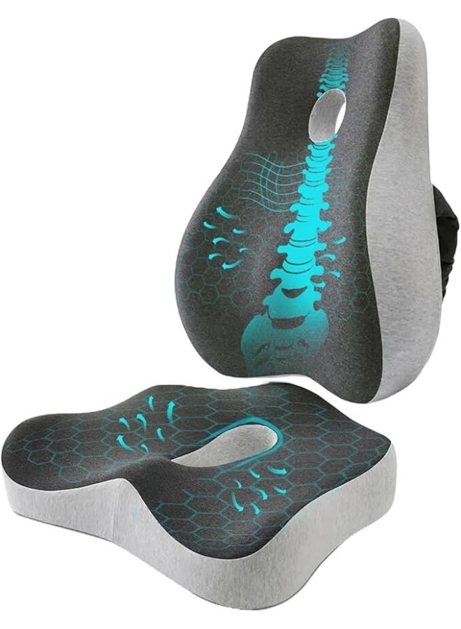 طقم وسادة طبية للعصعص ودعم أسفل الظهر (لومبار) - ميموري فوم عالي الكثافة - جودة ممتازة لتخفيف آلام الظهر والبواسير ومقعد المكتب - Image 1