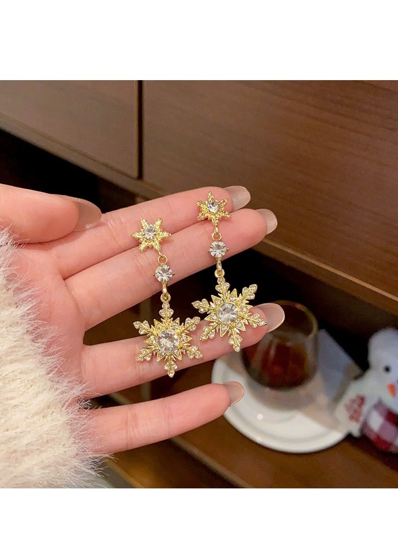 Luxury Zircon Snowflake Earrings for Women – High-End Rhodium Plated, Full Diamond Double Tassel Design, Fashionable and Elegant Studs, Trendy 2025 New Collection - Image 2