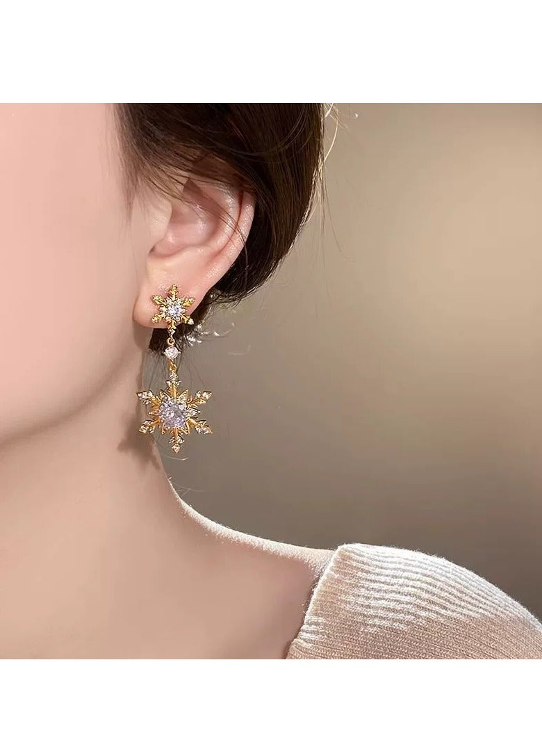 Luxury Zircon Snowflake Earrings for Women – High-End Rhodium Plated, Full Diamond Double Tassel Design, Fashionable and Elegant Studs, Trendy 2025 New Collection - Image 3