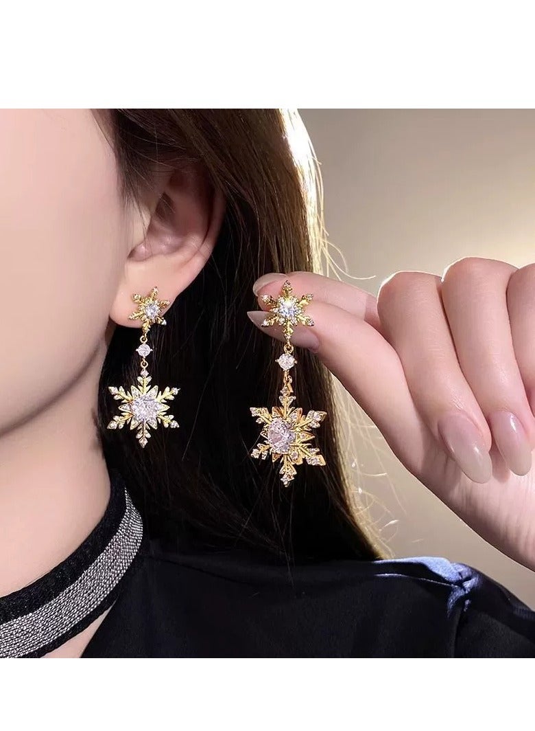 Luxury Zircon Snowflake Earrings for Women – High-End Rhodium Plated, Full Diamond Double Tassel Design, Fashionable and Elegant Studs, Trendy 2025 New Collection - Image 4