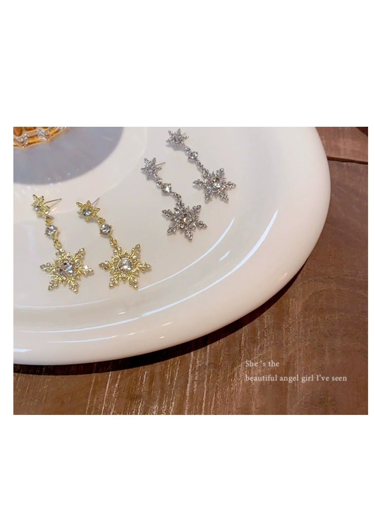 Luxury Zircon Snowflake Earrings for Women – High-End Rhodium Plated, Full Diamond Double Tassel Design, Fashionable and Elegant Studs, Trendy 2025 New Collection - Image 5