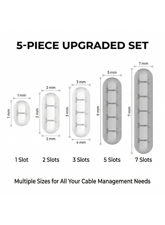5PCS Silicone Cable Management Clips Set, Self-Adhesive Desk Cable Organizer with 1/2/3/5/7 Slots, Cord Holder for USB, Charger, PC, Home & Office (Gray) - Image 5