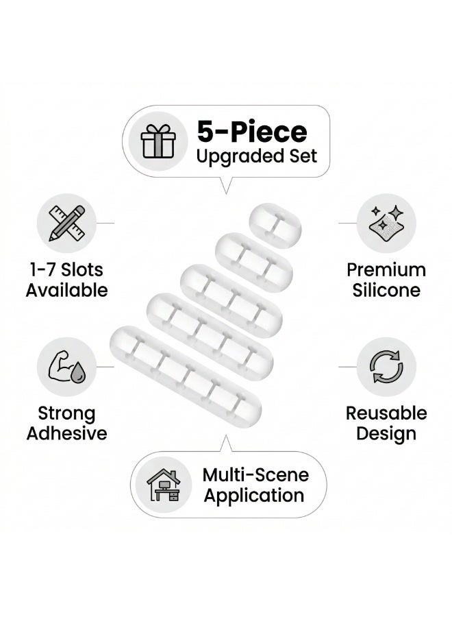 5PCS Silicone Cable Management Clips Set, Self-Adhesive Desk Cable Organizer with 1/2/3/5/7 Slots, Cord Holder for USB, Charger, PC, Home & Office (Gray) - Image 4
