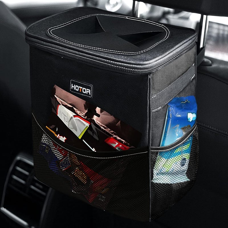 هوتور سلة مهملات السيارة بسعة 3 جالون، منظم وتخزين سيارة فائق السعة مع أحزمة قابلة للتعديل ومشابك مغناطيسية، ملحق سيارة مقاوم للماء لتخزين الأغراض الداخلية (أسود) - Image 1