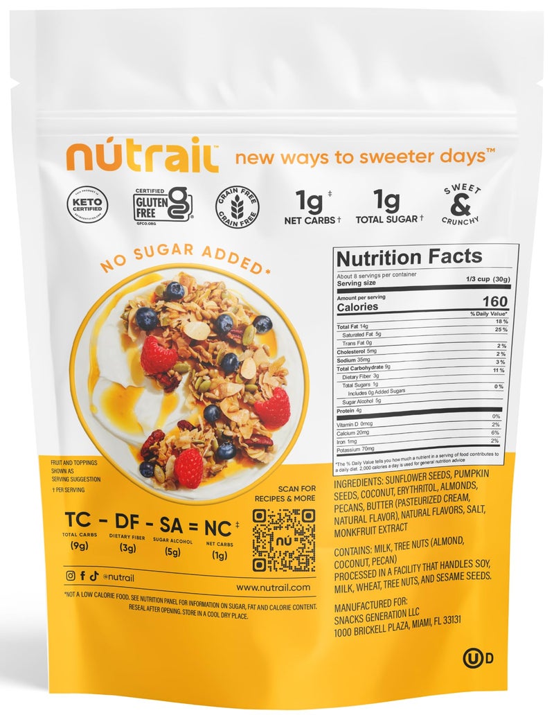 NuTrail Nut Granola Cereal, Honey Nut, No Sugar Added, Keto, Low Carb, Gluten Free, Grain Free, Healthy Breakfast 8 oz. 1 Count - Image 2