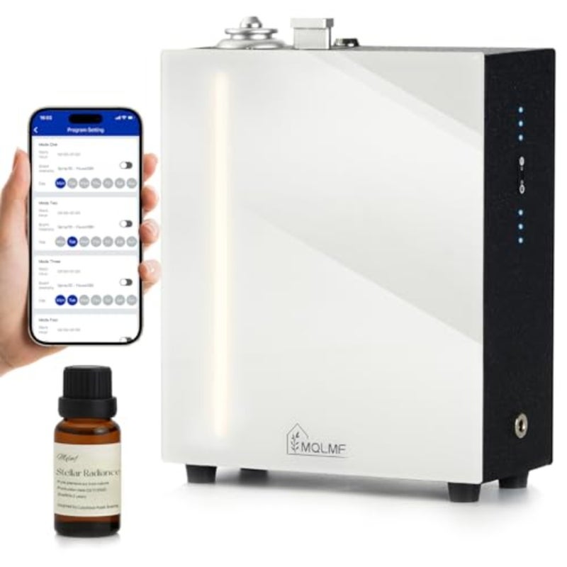 جهاز توزيع رائحة Hvac للاستخدام التجاري للفنادق، معدن، أبيض، هادئ للغاية مع تطبيق WiFi/Bluetooth، إضاءة محيطة، قفل أمان، بدون ماء، يغطي 3000 قدم مربع - Image 1