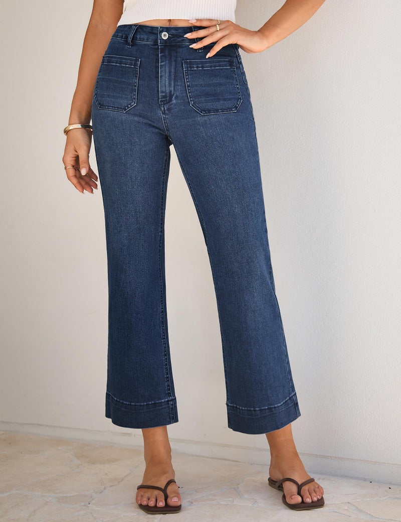 luvamia Wide Leg Jeans for Women Trendy High Waisted Flare Jeans Cropped Denim Pants Stretchy Baggy with Patch Pockets Vintage Blue Size X-Large Fits Size 16-18 - Image 2