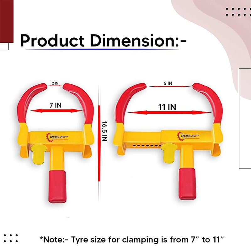 Robustt Wheel Lock | Red & Yellow | Anti-Theft Painted Tyre Lock with 3 Keys | Pack of 2 | Cold Rolled MS Steel Adjustable Heavy Duty | Wheel Lock for Car - Image 2