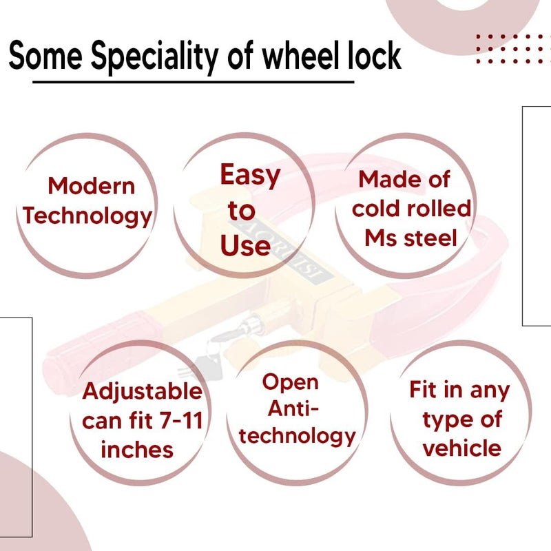 Robustt Wheel Lock | Red & Yellow | Anti-Theft Painted Tyre Lock with 3 Keys | Pack of 2 | Cold Rolled MS Steel Adjustable Heavy Duty | Wheel Lock for Car - Image 5