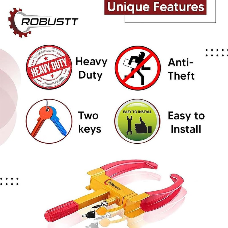 Robustt Wheel Lock | Red & Yellow | Anti-Theft Painted Tyre Lock with 3 Keys | Pack of 2 | Cold Rolled MS Steel Adjustable Heavy Duty | Wheel Lock for Car - Image 3