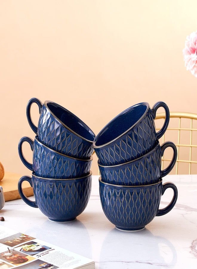 Coffeezone Set of 6 Cups Vintage Design 12 oz Professional Barista Ceramic Latte Art Cappuccino Cups Set (Embossed Blue * 6) - Image 5