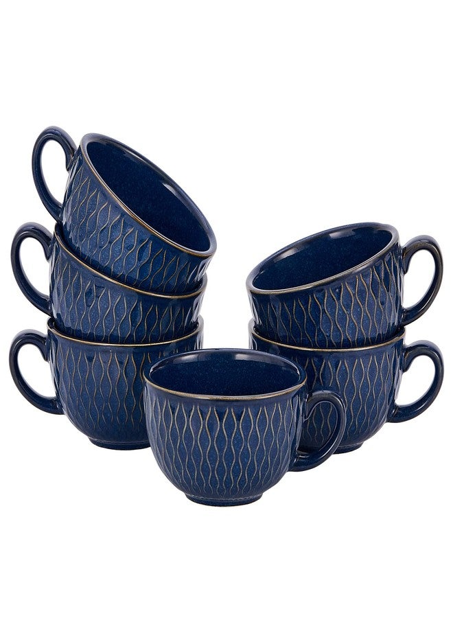 Coffeezone Set of 6 Cups Vintage Design 12 oz Professional Barista Ceramic Latte Art Cappuccino Cups Set (Embossed Blue * 6) - Image 1