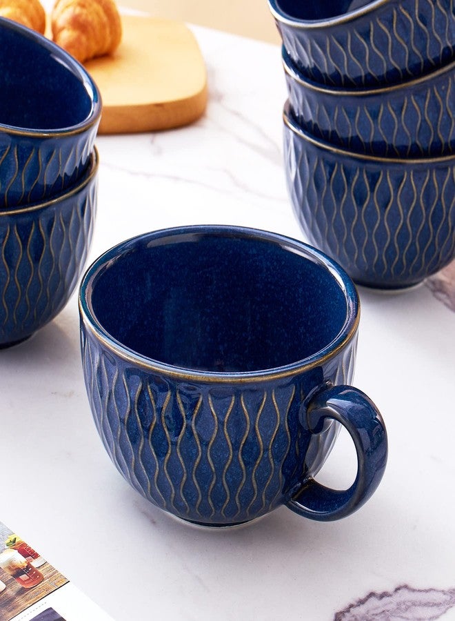 Coffeezone Set of 6 Cups Vintage Design 12 oz Professional Barista Ceramic Latte Art Cappuccino Cups Set (Embossed Blue * 6) - Image 4