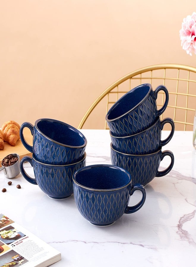 Coffeezone Set of 6 Cups Vintage Design 12 oz Professional Barista Ceramic Latte Art Cappuccino Cups Set (Embossed Blue * 6) - Image 2