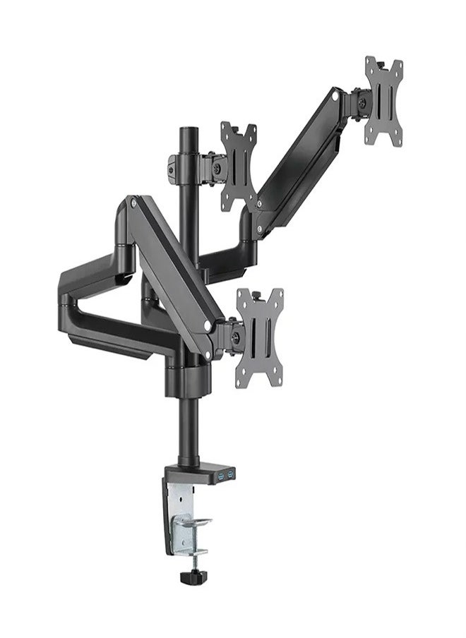 Skill Tech SH26 C036UP Premium Triple Monitor Aluminum Pole-Mounted Gas Spring Arm with USB Ports for 17"-32" Screens, VESA 100x100, 8kg Load Capacity per Screen – Black  - Image 1