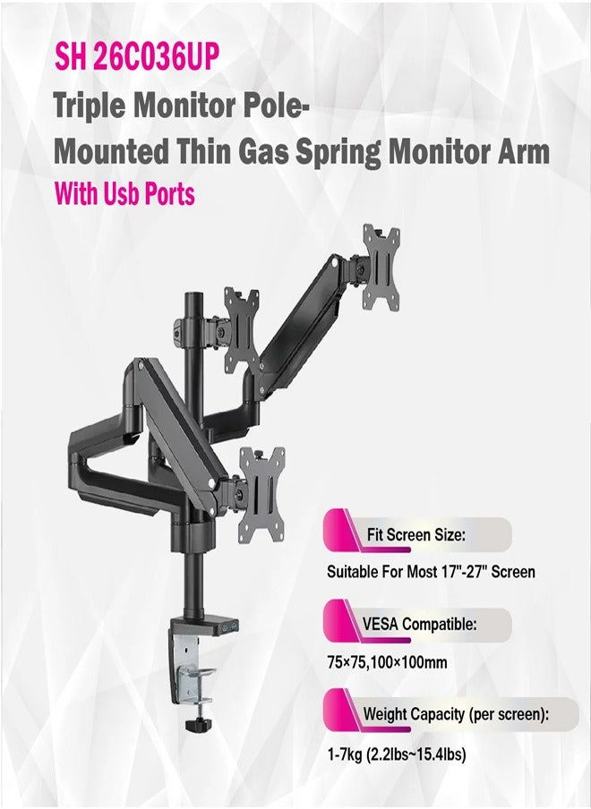 Skill Tech SH26 C036UP Premium Triple Monitor Aluminum Pole-Mounted Gas Spring Arm with USB Ports for 17"-32" Screens, VESA 100x100, 8kg Load Capacity per Screen – Black  - Image 4